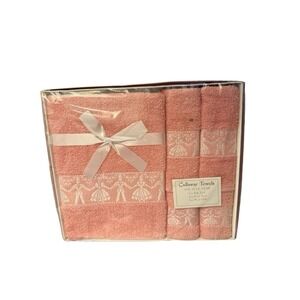 New 70s Callaway Pink  Embroidered Bath Towel Set Hand Washcloth